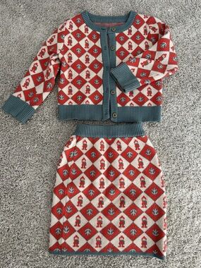Kids Red and Teal Knit Skirt Set with Matching Jacket - size 6-7 EUC